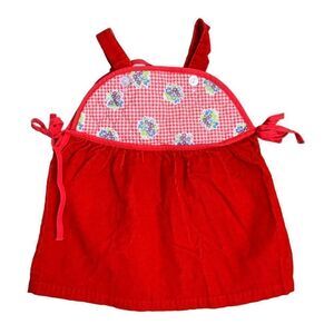 Vintage 60s Toddler Overall Pinafore Dress 2 Red Floral Quilted Corduroy Tie